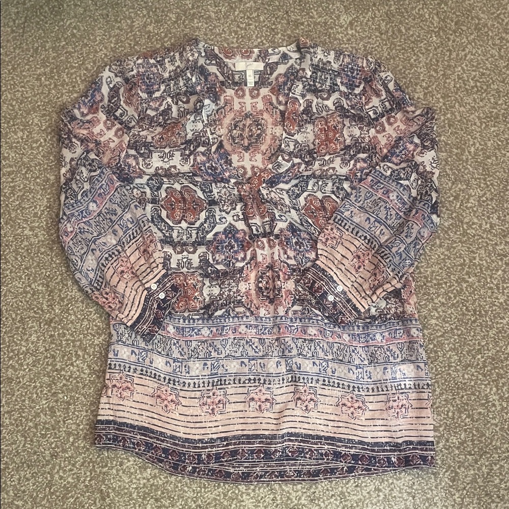 Joie Bohemian Print Silk Long Sleeve V-Neck Blouse
